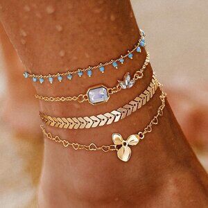 4PCS - ANKLETS Boho Charms and Beaded Layered Gold Dipped Chains Summer Set NEW
